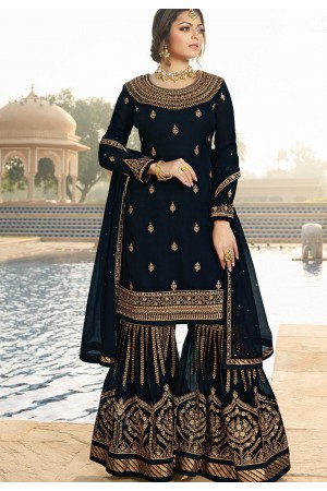 drashti dhami navy blue satin georgette embroidered sharara style suit 3604