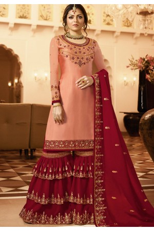 drashti dhami peach dark pink satin georgette embroidered sharara style suit 3603