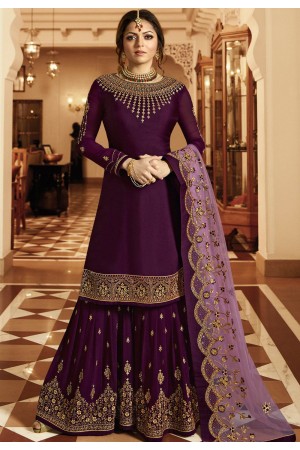 drashti dhami purple satin georgette embroidered sharara style suit 3601