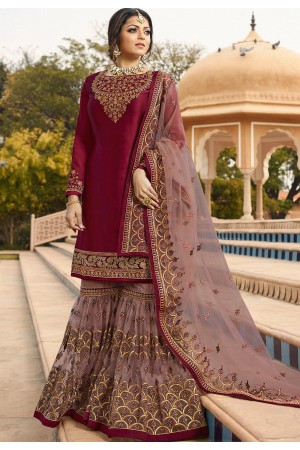 drashti dhami wine satin georgette embroidered sharara style suit 3606