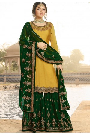 drashti dhami yellow green satin georgette embroidered sharara style suit 3608