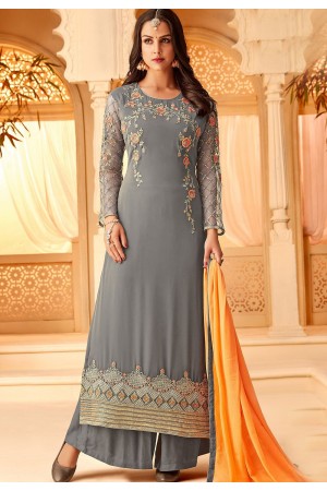 grey georgette embroidered palazzo style suit 5114