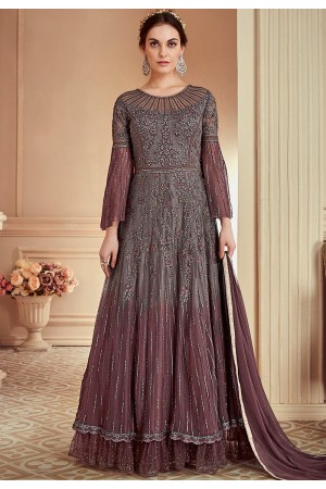 grey heavy shaded net embroidered long designer suit 902