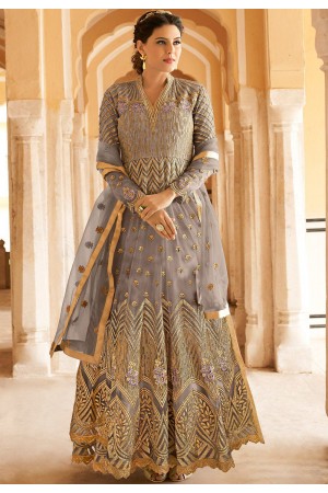 grey net embroidered long anarkali suit 15102c