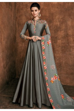 grey rayon long embroidered indowestern anarkali suit 39033