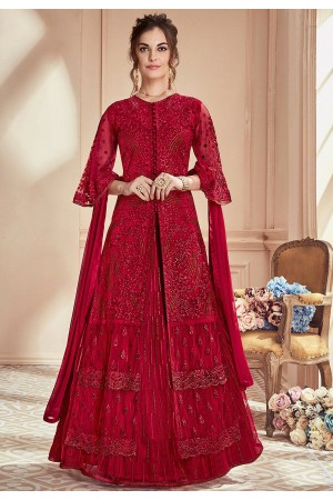 maroon heavy net embroidered long koti style lehenga anarkali suit 901