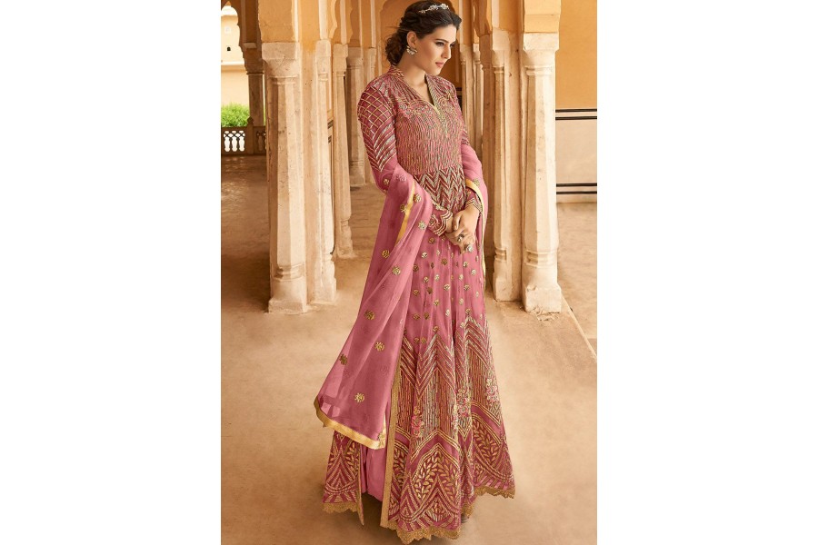 Women Light Pink Net Embroidered Anarkali Suit