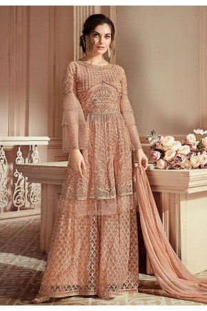 peach heavy net embroidered palazzo style pakistani suit 903