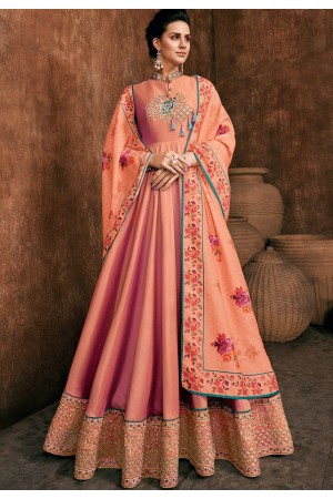 peach rayon long embroidered indowestern anarkali suit 39032