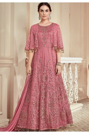 pink heavy net embroidered long designer anarkali suit 907