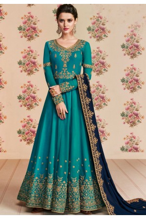 teal georgette embroidered long anarkali suit 8190