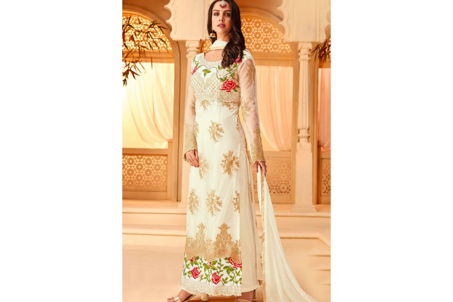 Women Beige Premium Net Embroidered Traditional Palazzo Suit