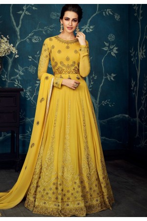 yellow georgette embroidered floor length anarkali suit 27018