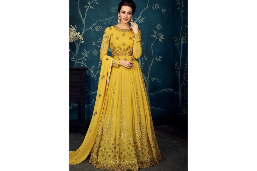 Manohari Yellow Georgette Anarkali Gown Suit Set