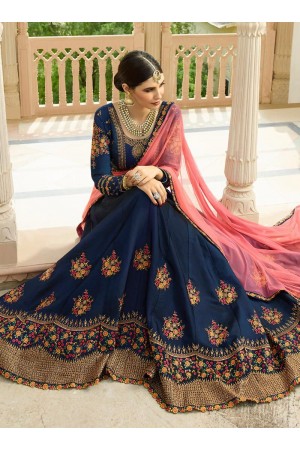 Blue pink silk Indian wedding lehenga choli 804