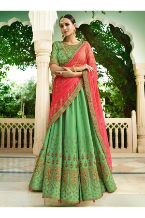 Green pink silk Indian wedding lehenga choli 806