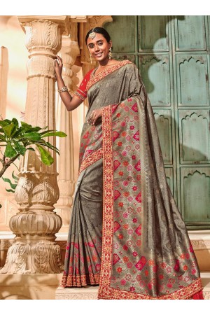 Grey color pure banarasi silkwedding saree 2015