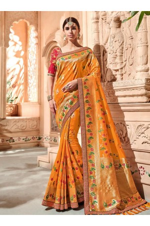 Mustuard pink color pure banarasi silk wedding saree 2014