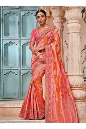 Orange and pinl color pure banarasi silk indian wedding saree 2001