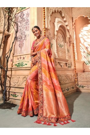 Orange pink stripes pure banarasi silk wedding saree 2003