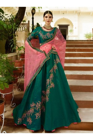Teal Green pink silk Indian wedding lehenga choli 807