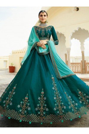 Teal green peach silk Indian wedding lehenga choli 803