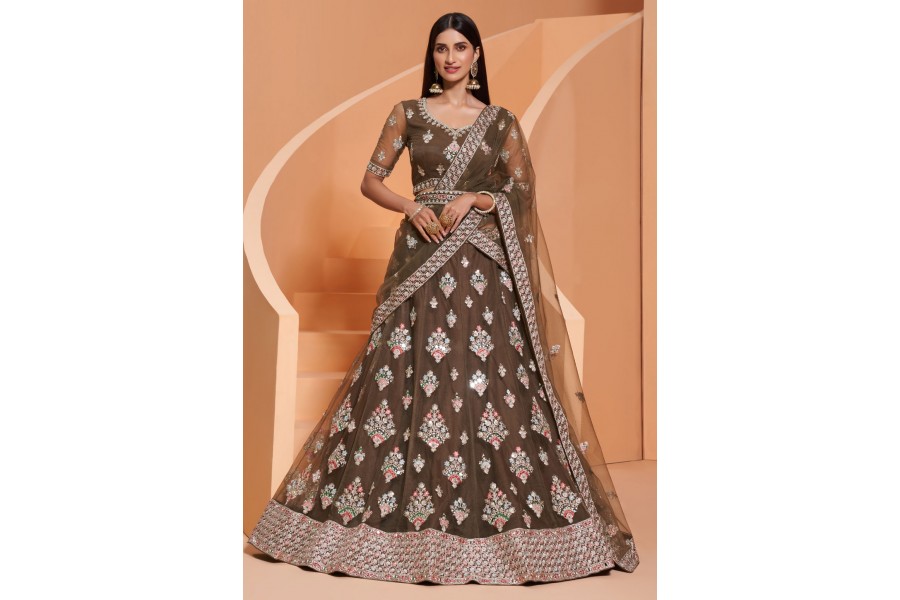 Snuff Brown Net Embroidered Festive Lehenga Choli