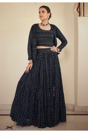 Navy blue georgette readymade jacket style lehenga choli 8202