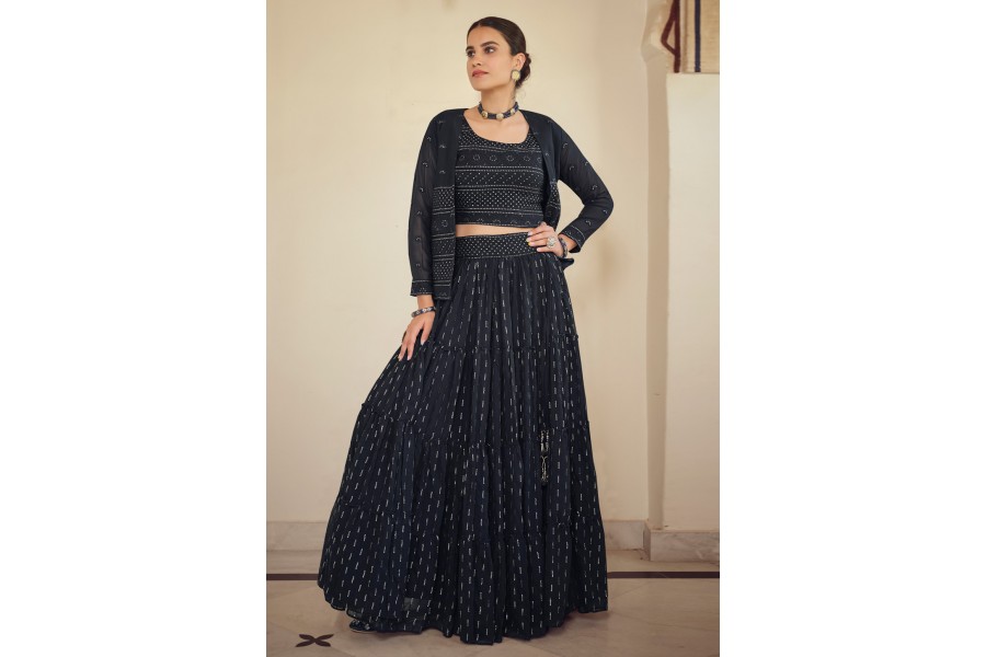 Navy Blue Georgette Net Lehenga - Rent