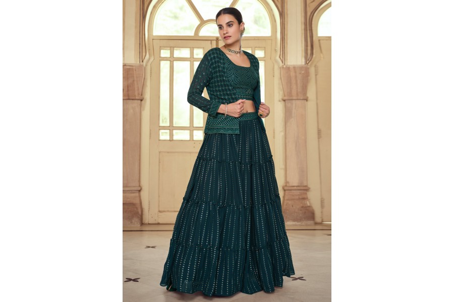 Fancy Fabric Teal Jacket Style Designer Lehenga Suit main image 0