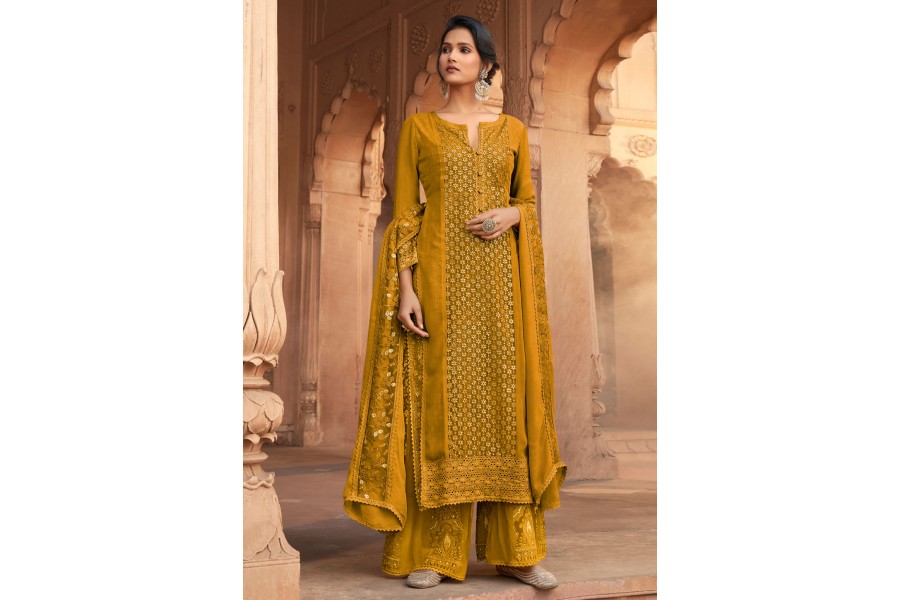 Mustard Embroidered Georgette A-Line Suit Set With Palazzos