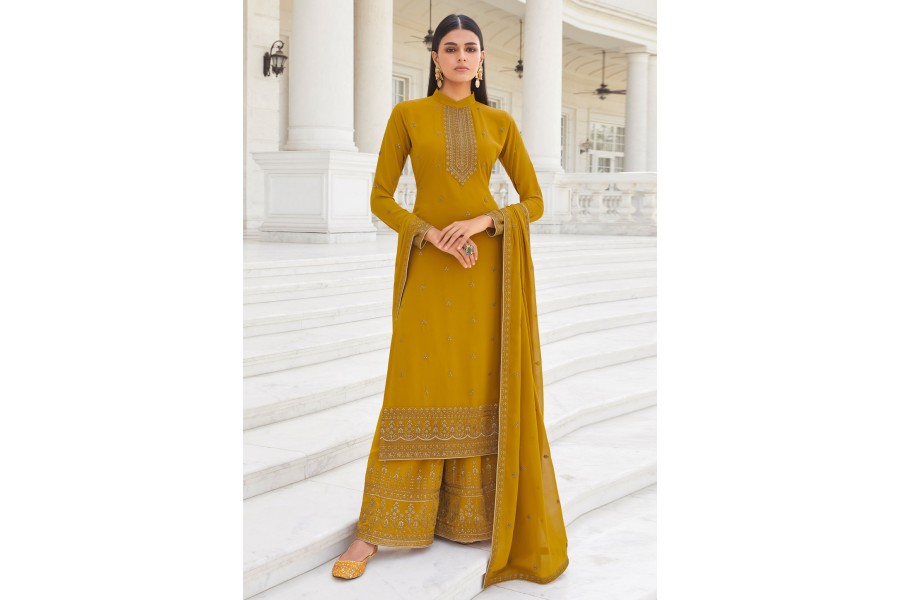 Mustard Yellow Palazzo style Suit Faux Georgette main image 0