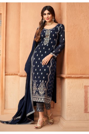 Navy blue georgette embroidered kameez with pant 96004