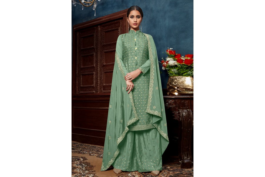 Party Style Admirable Green Chinon Palazzo Style Suit main image 1