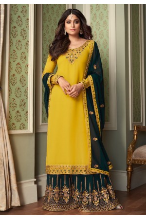 Shamita shetty yellow georgette kameez with palazzo 8430