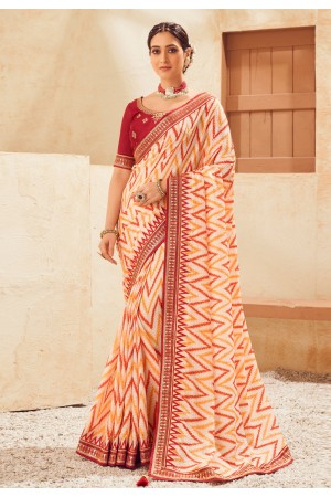 Chinon Saree with blouse in Cream colour 306