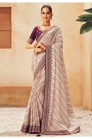 Chinon Saree with blouse in Off white colour 301