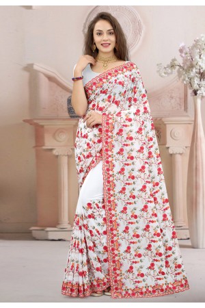 Georgette embroidered Saree in White colour 1302