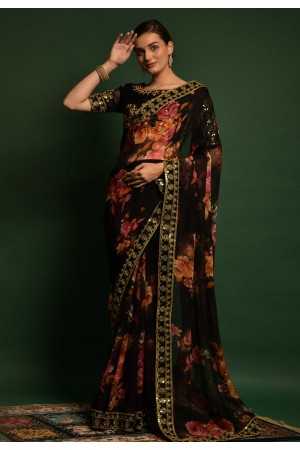 Georgette floral Saree in Black colour 4776