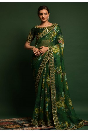 Georgette floral print Saree in Green colour 4777