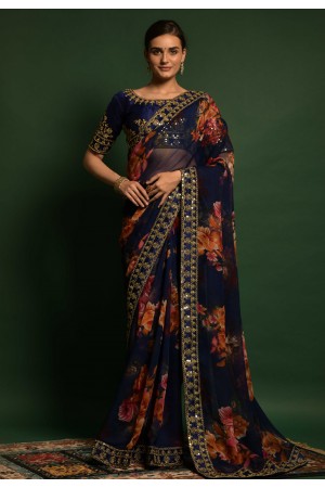 Georgette floral print Saree in Navy blue colour 4779