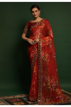 Georgette floral print Saree in Red colour 4773