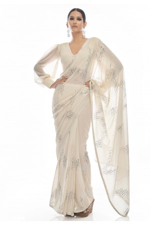 Georgette sequence Saree in Off white colour 21002