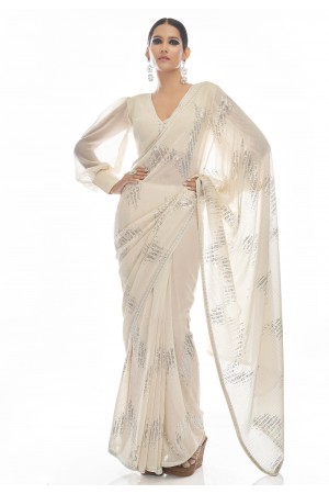 Georgette sequence Saree in Off white colour 21002