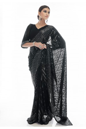 Georgette sequence Saree with blouse in Black colour 21001