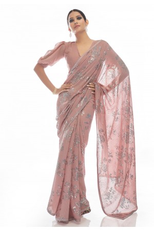 Georgette sequence Saree with blouse in Peach colour 21005