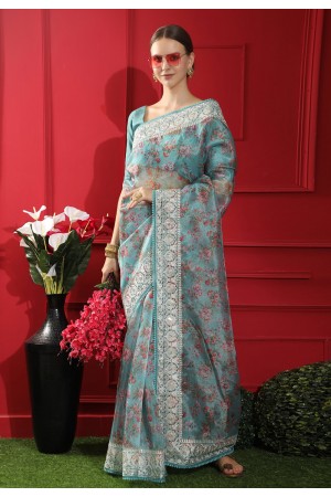 Organza Saree with blouse in Sky blue colour 10924