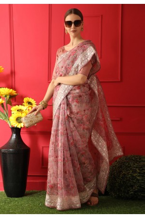 Organza printed Saree in Pink colour 10925