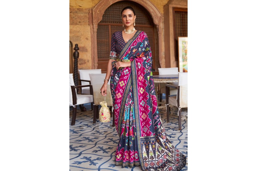 Designer Navy Blue Patola Weave Heavy Look Silk Saree KM06 main image 1