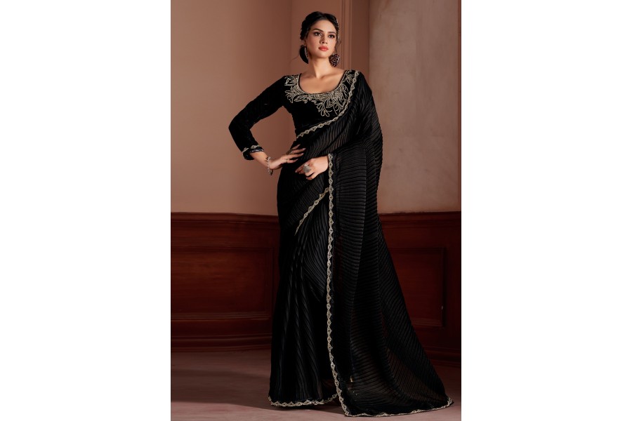 Women's Satin Black Printed Designer Saree With Blouse Piece